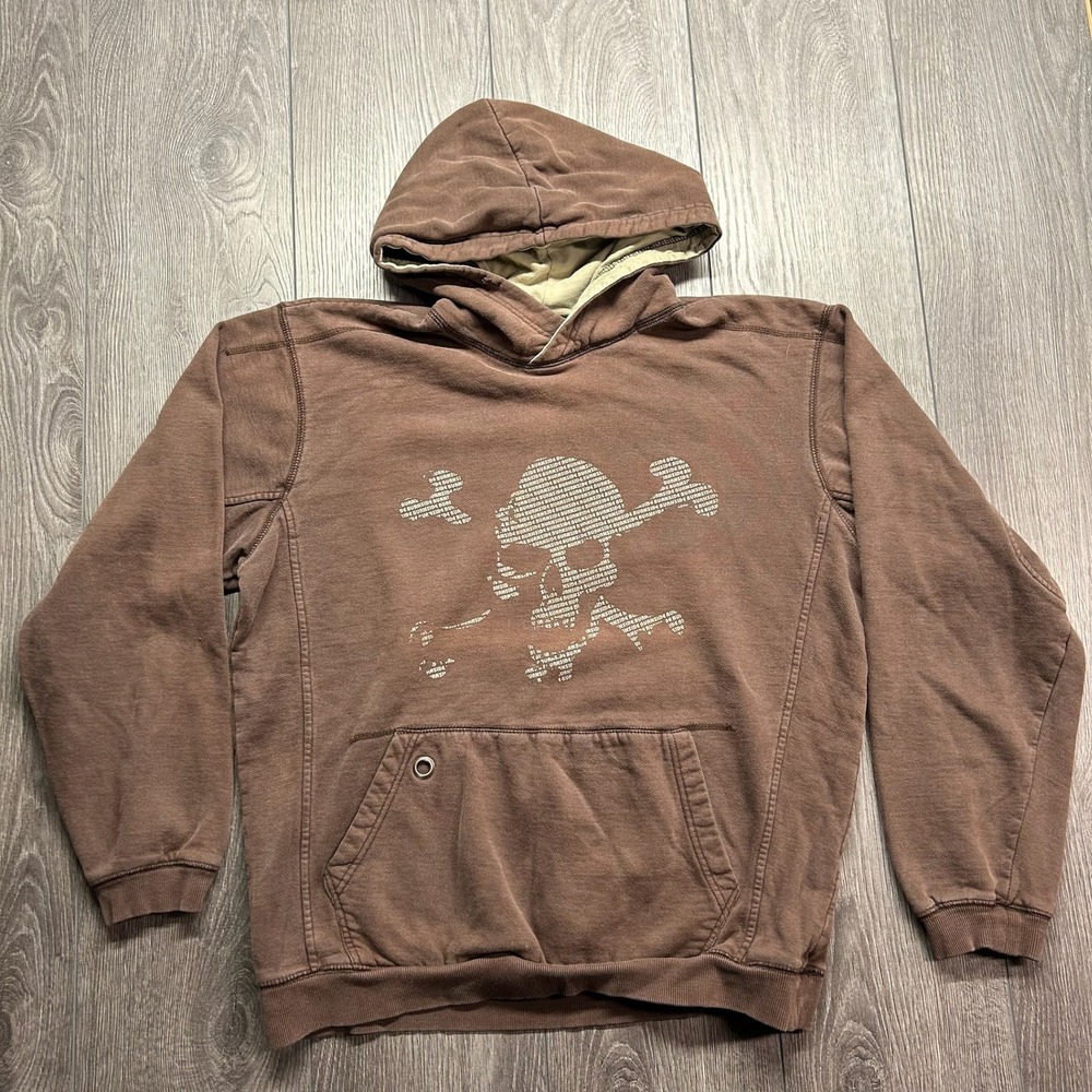 Vintage Burnside Mens Brown Skull Crossbones Graphic Hoodie Sweatshirt Small